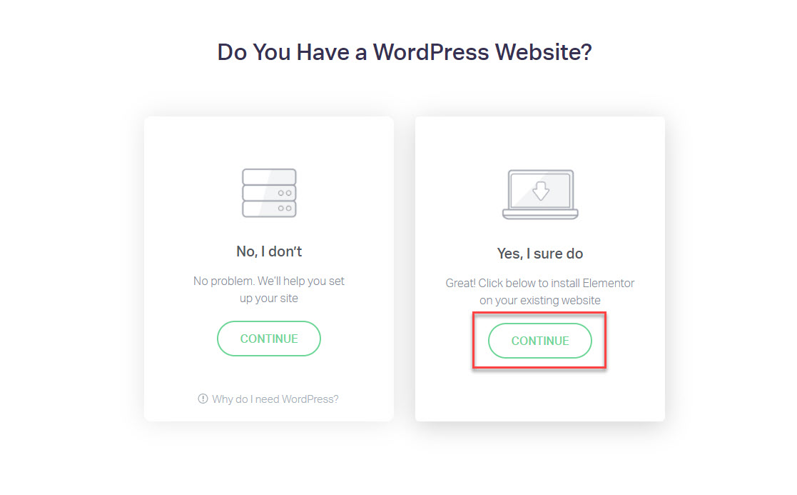 Elementor screen asking whether you have an existing WordPress website or not