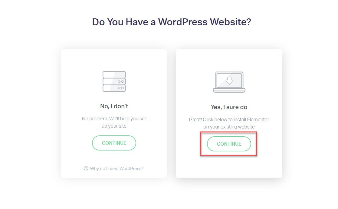 Elementor screen asking whether you have an existing WordPress website or not