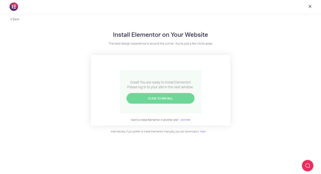 Screenshot of Elementor screen after an existing WordPress site is confirmed