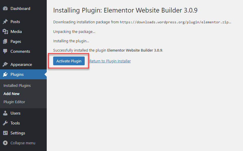 Screenshot of Installing plugin screen with button to Activate the plugin