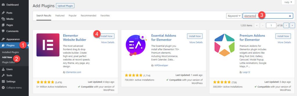 WordPress dashboard Add Plugins screen with steps highlighted to install Elementor