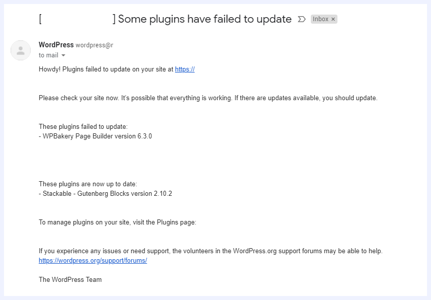 Screenshot of WordPress Email notification. Some plugins have failed to update.
