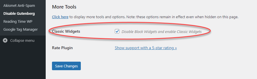 Screenshot of the option in Disable Gutenberg Plugin that restores Classic Widgets.
